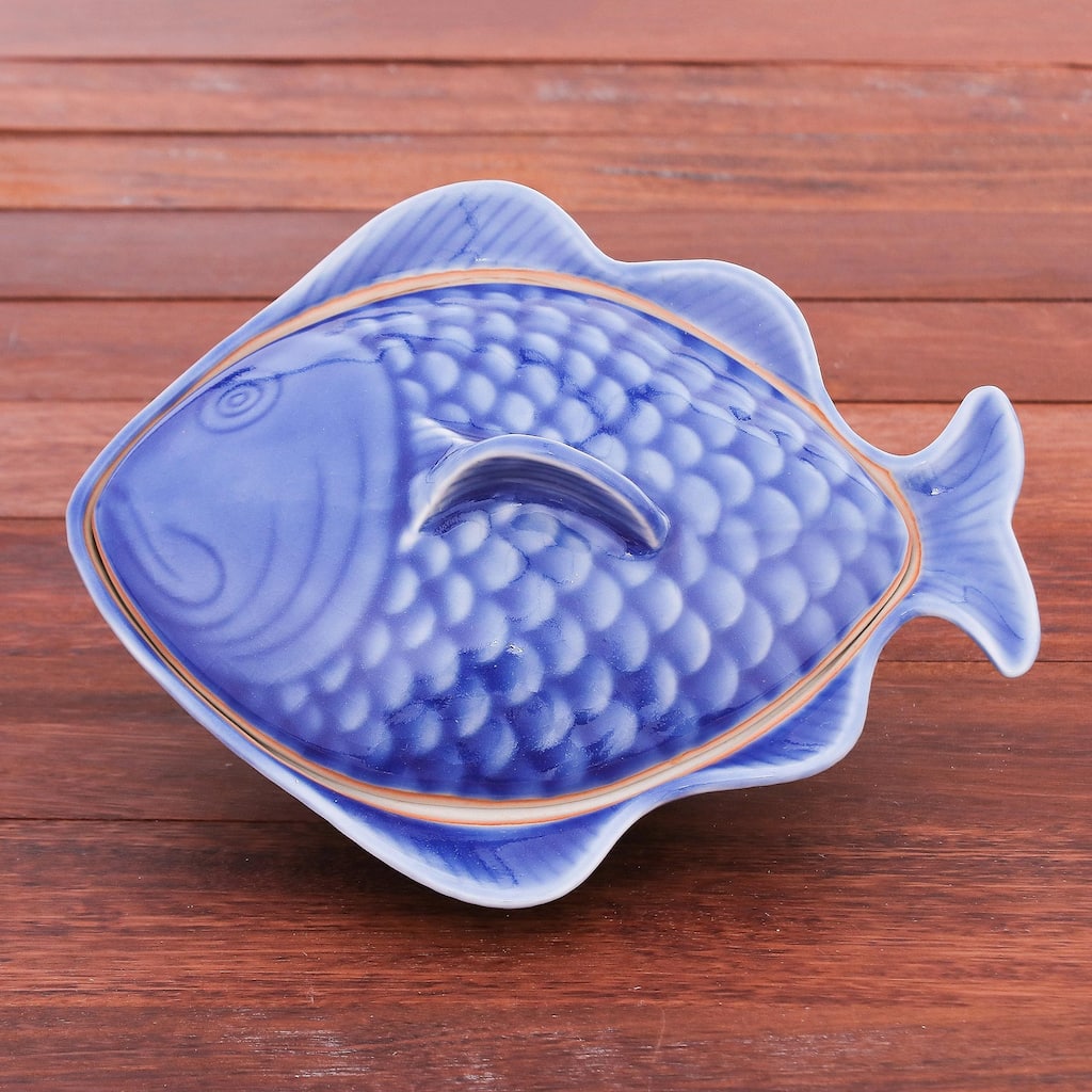 Novica Handmade Fish Dish In Blue Celadon Ceramic Lidded Bowl