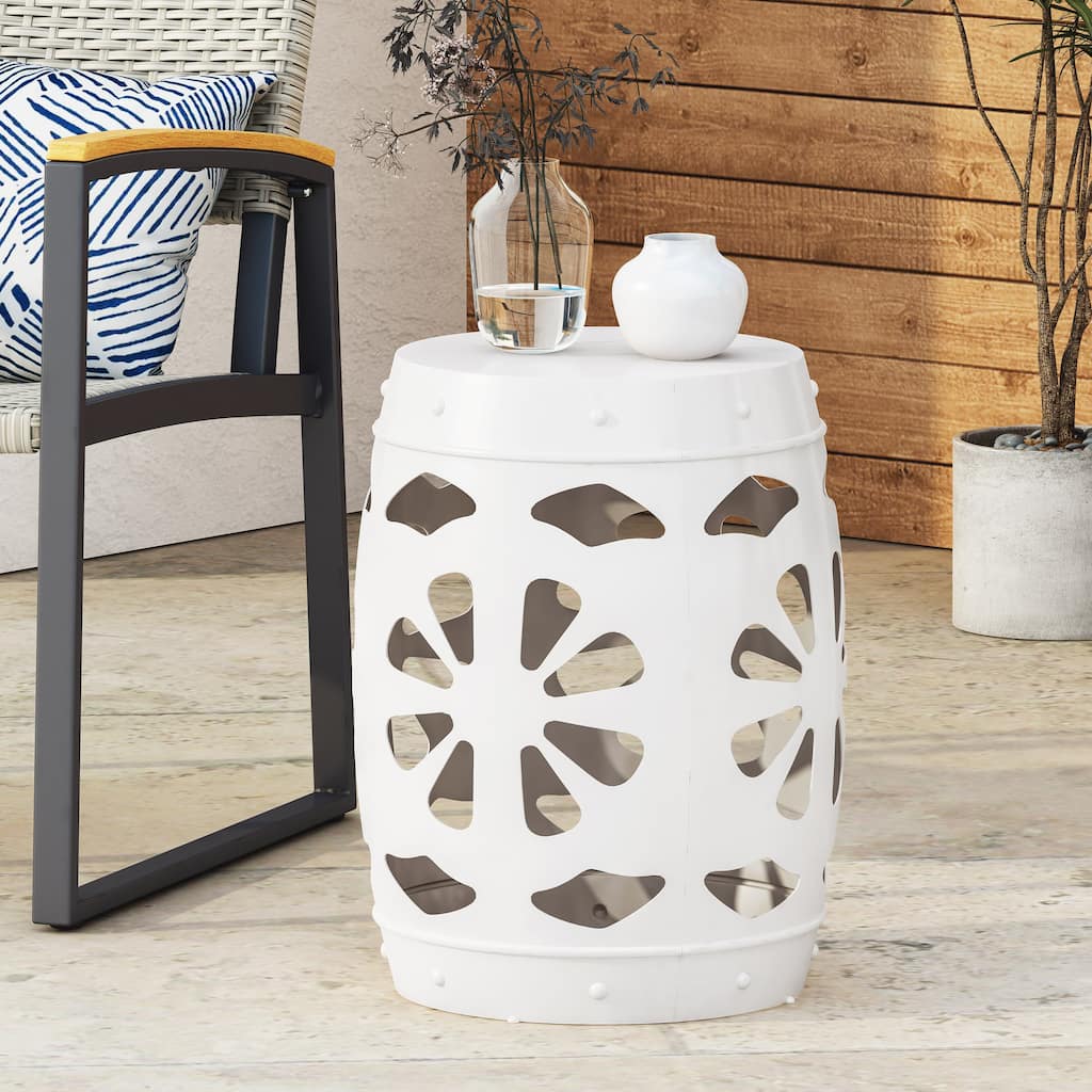 Anmytek Decorative Drum-Shaped Side Table with Floral Cut-Out Pattern, Weather-Resistant Indoor Outdoor Accent Plant Stand