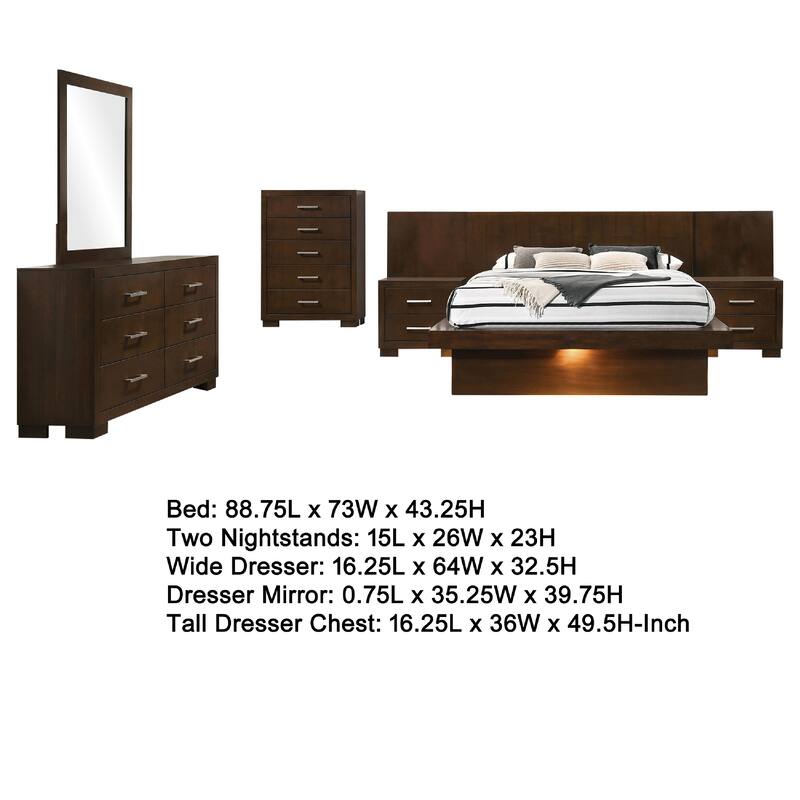 Bela 6 Piece Wall Panel Queen Bedroom Set, LED Underlight, Dark Brown