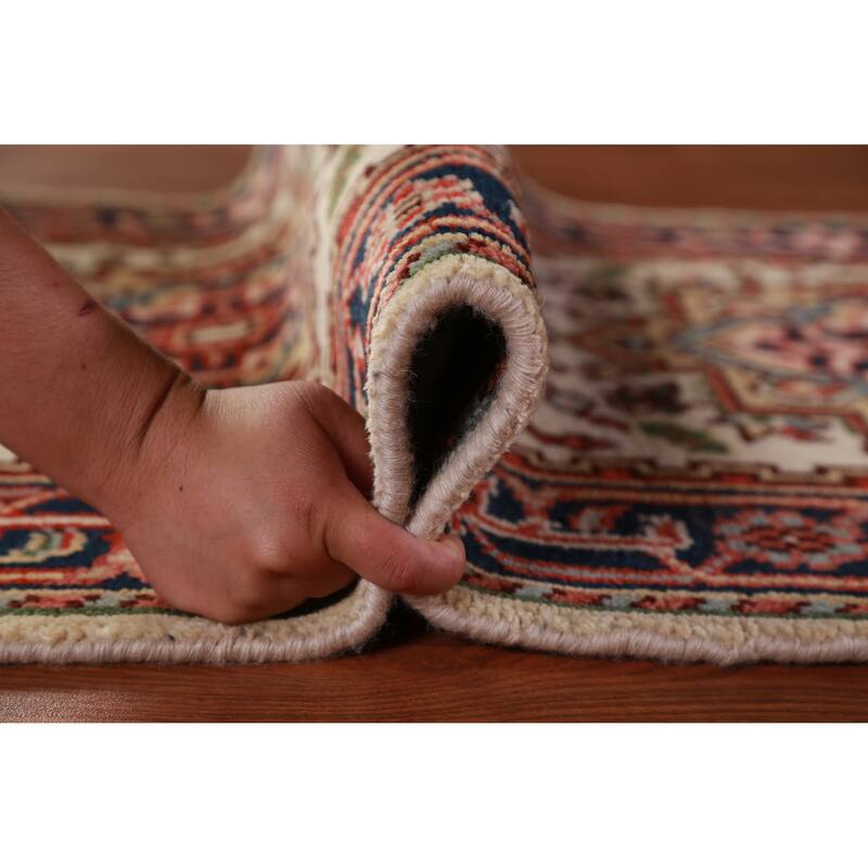 Hand Knotted Oriental 100% Wool Carpet Traditional Geometric Beige & Ivories Heriz (serapi) Runner Rug - 7' 10'' X 2' 7''