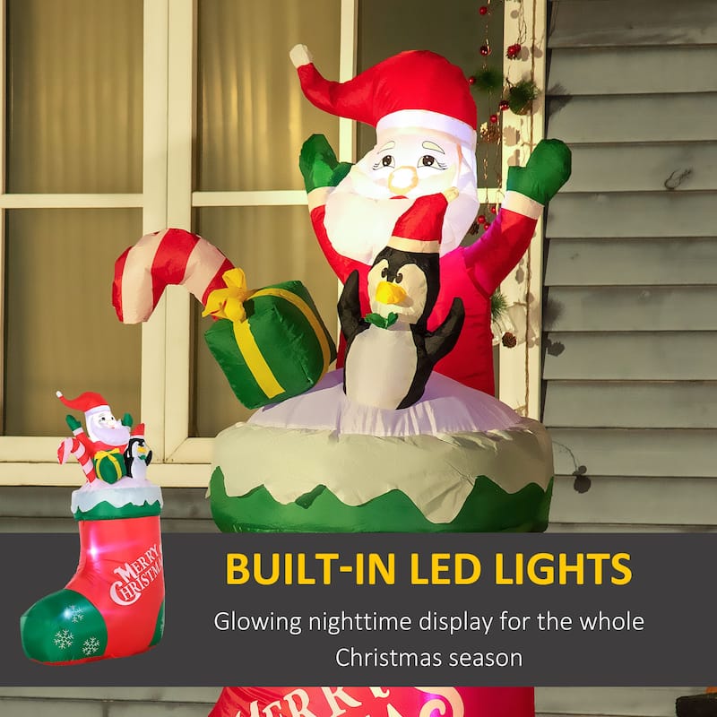 Outsunny 5ft Christmas Inflatable Santa and Penguin Standing in Sock with Candy Cane Gift Box