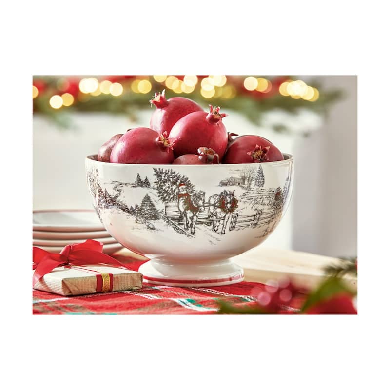 "Farmhouse Christmas" Collection Earthenware White Pedestal Bowl Featuring Farm House Winter Scene, 10.0L x 10.0W x 6.1H in.