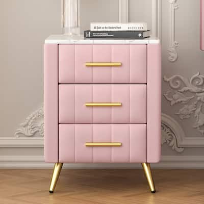 3 Drawers Nightstand with Metal Legs & Handles, Upholstered Nightstand with Marbling Stickers Worktop, Velvet End Table
