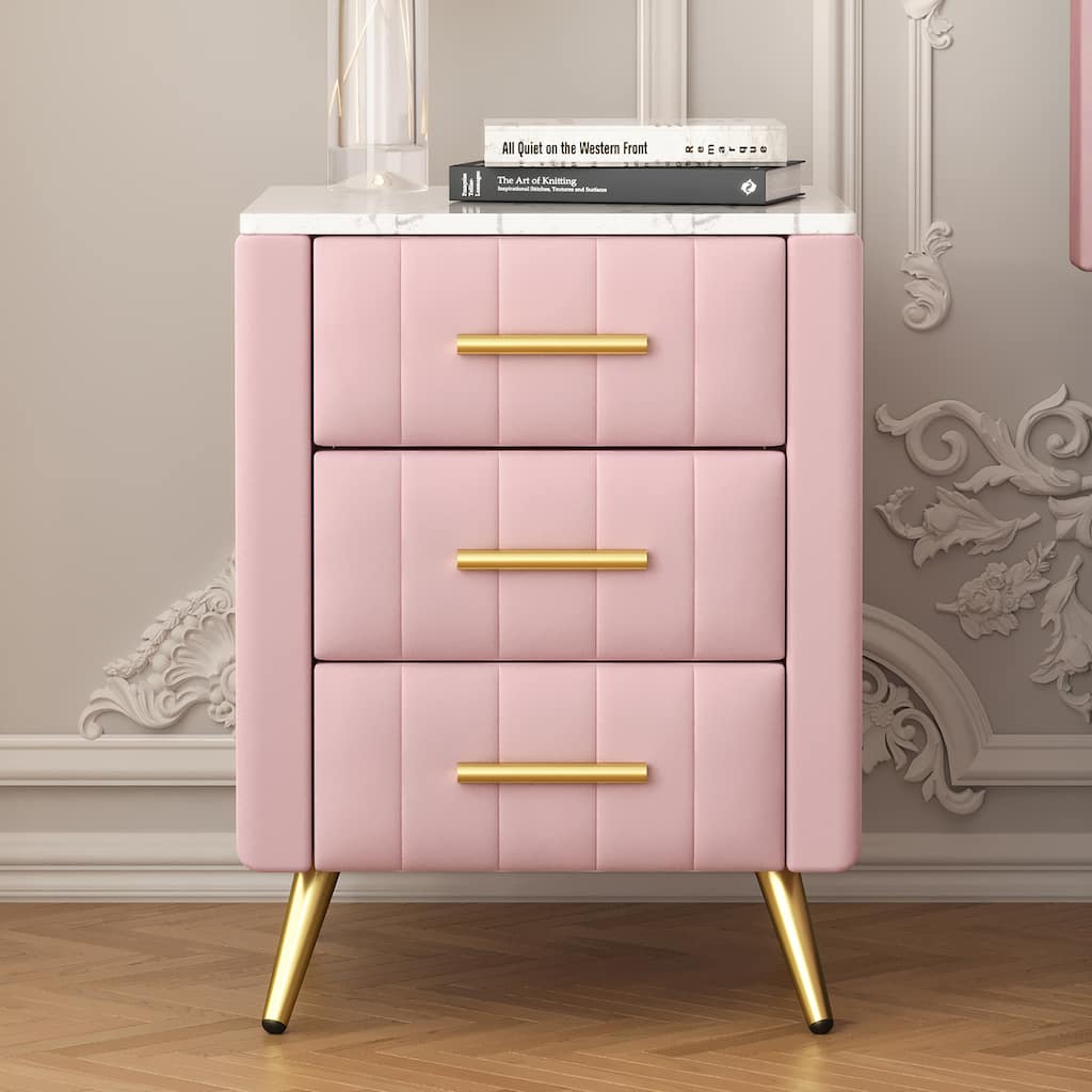 Nightstand Side Table End Table with Metal Legs, Pink Upholstered Cabinet Storage Cabinet with Drawers