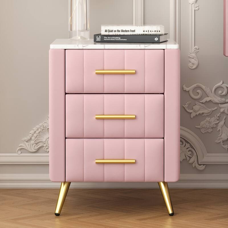 Pink Upholstered Wooden Nightstand with 3 Drawers, Marbling Worktop, and Metal Legs