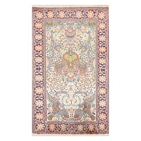 Hand Knotted Beige,Navy Silk Traditional Oriental Area Rug (3x5) - 2' 6'' x 4' 1''