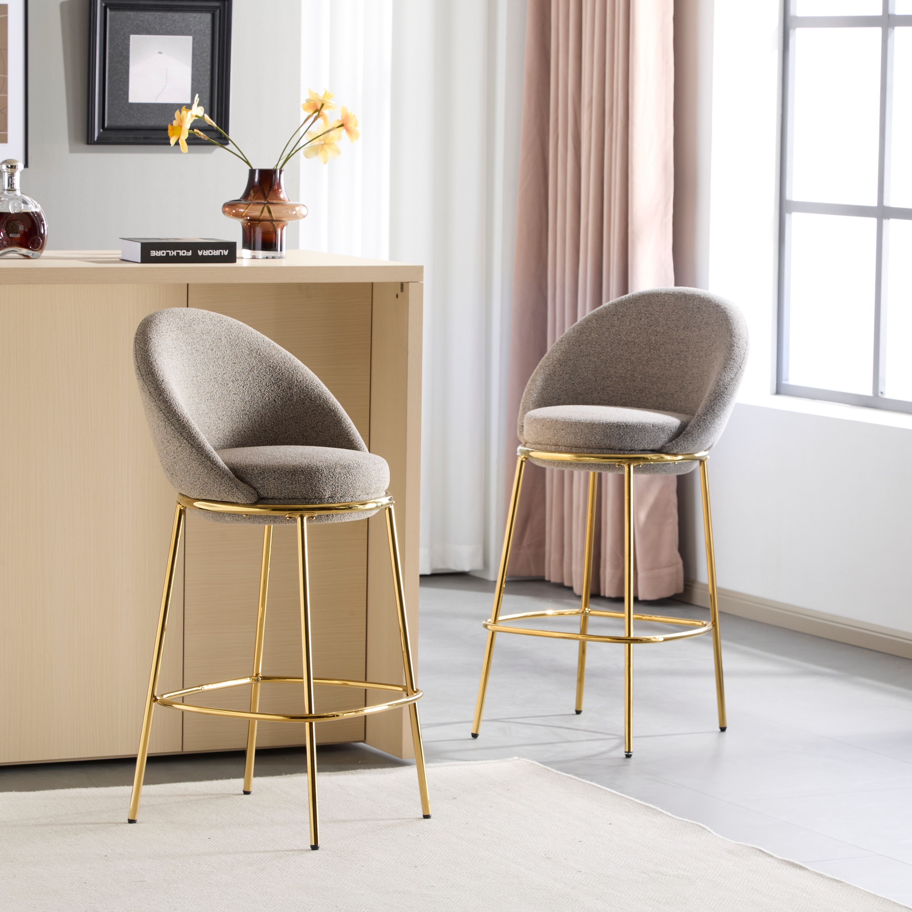 Indoor Metal Upholstered Barstool, Gold-Plated Frame, Set Of 2