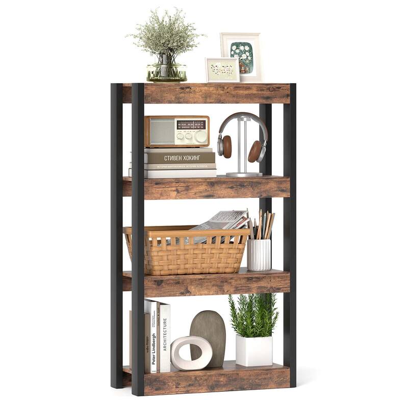Costway 1 PCS 4 Tier Bookshelf Wooden Bookcase with Dual Anti-Tipping - See Details - Brown