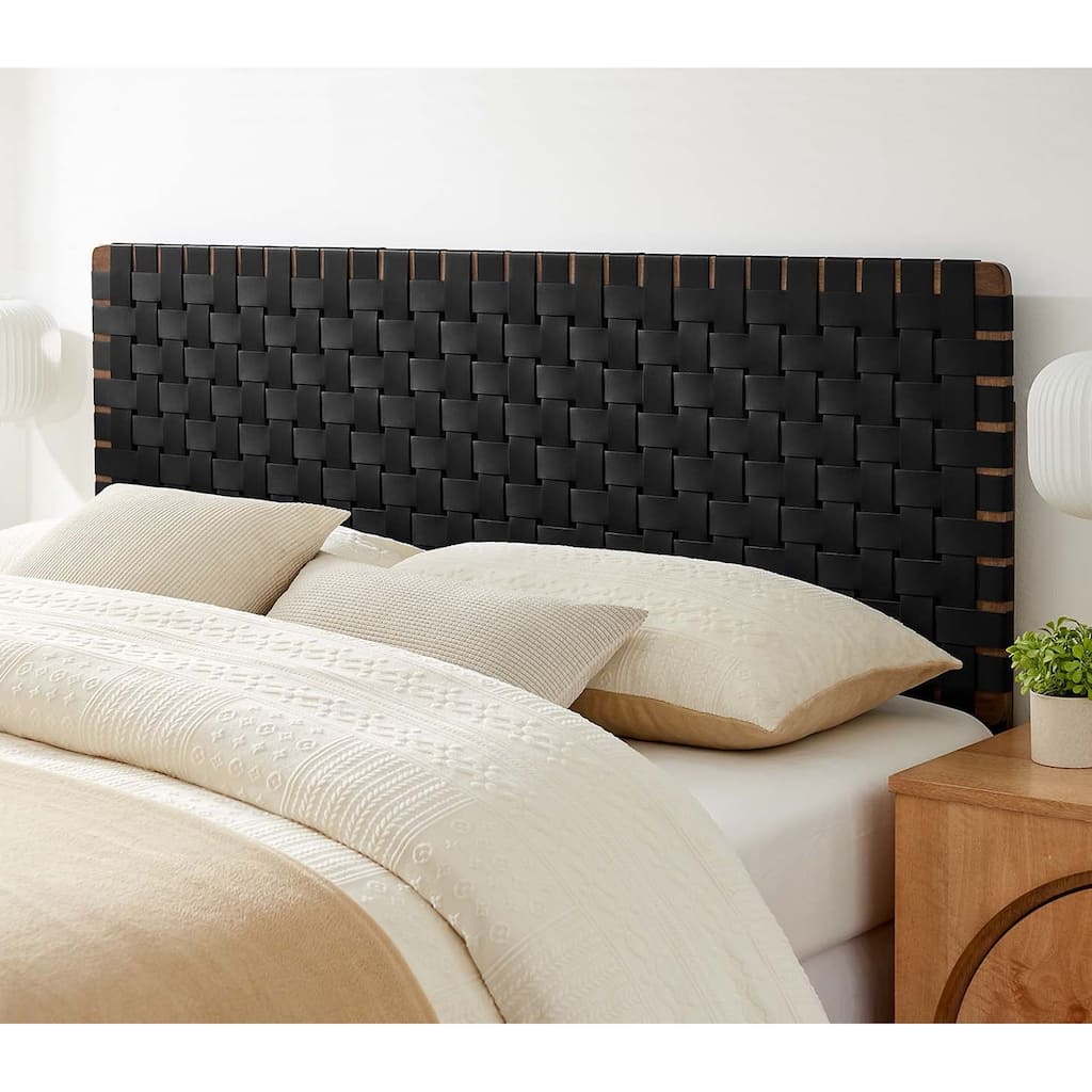 Ditmas Solid Wooden Black Leather Basket Weaved Floating Queen Size Headboard
