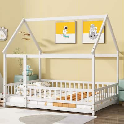 House Floor Bed with Enchanting Roof Frame and Secure Safety Guardrails,Creating a Dreamy and Safe Sleeping Space for Kids