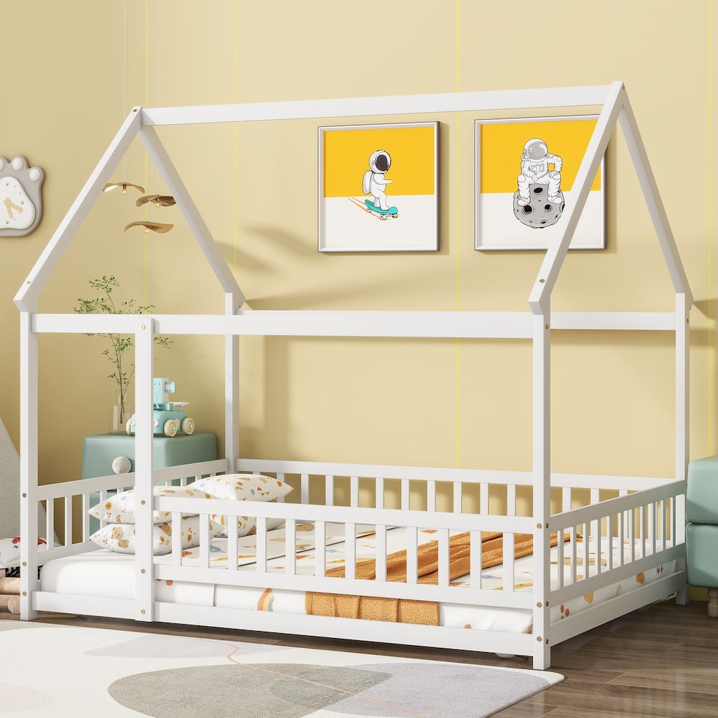 House Floor Bed with Enchanting Roof Frame and Secure Safety Guardrails,Creating a Dreamy and Safe Sleeping Space for Kids