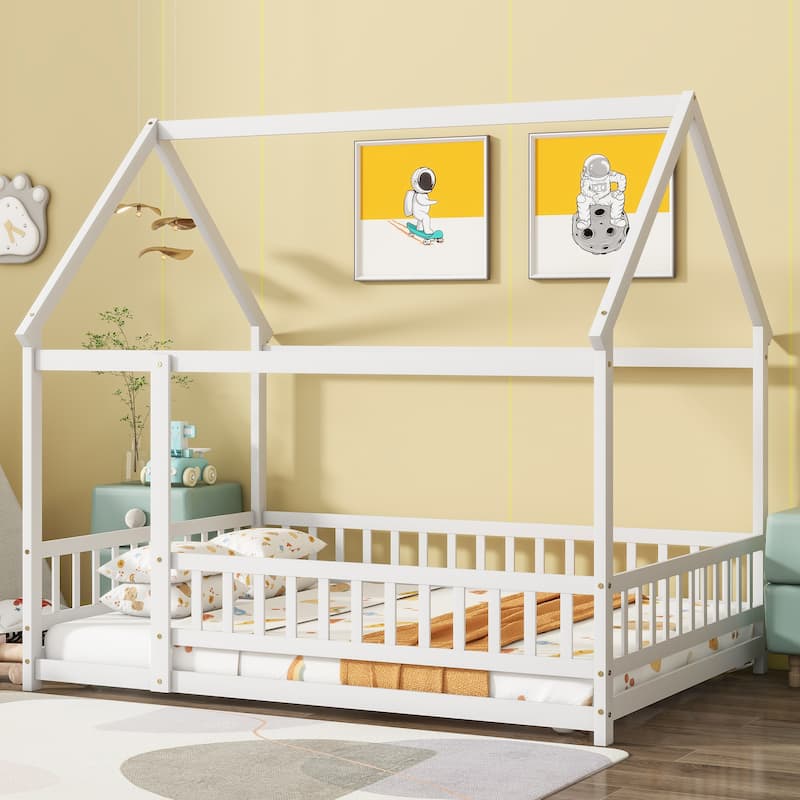 House Floor Wooden Bed with Roof Frame - White - Full