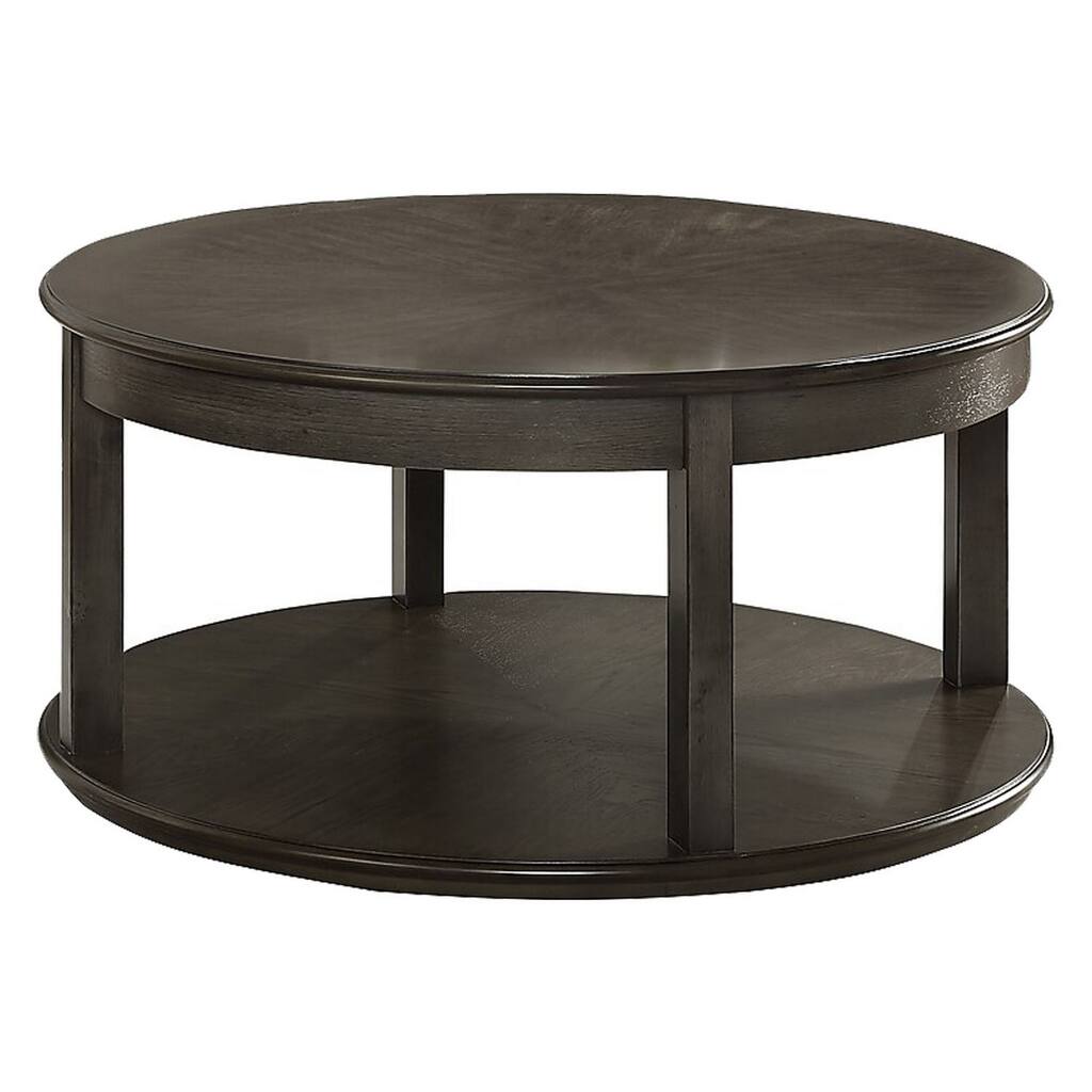 Coli 36 Inch Round Coffee Table, Solid Wood Design, Open Shelving, Brown