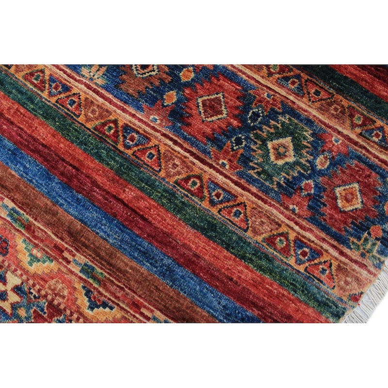 Modern Khurgeen Tawana Red/Blue Hand-knotted Wool Rug - 4'10 x 4'11 - 3'3'' x 3'4''