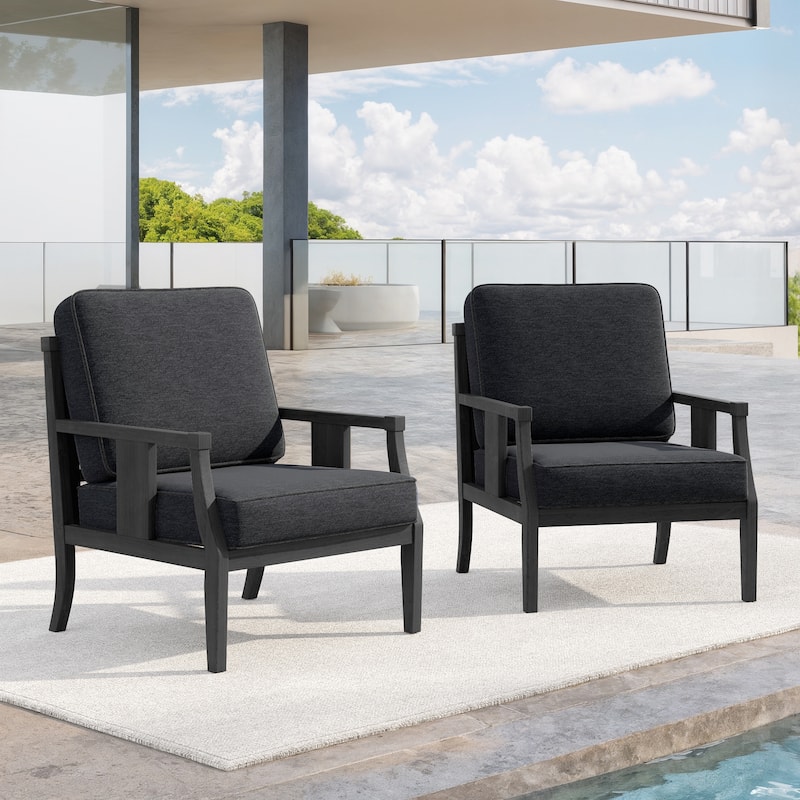 Set of 2 Outdoor Teak Wood Armchairs with Cushions, Patio Club Chairs - Dark Wood - Dark Grey