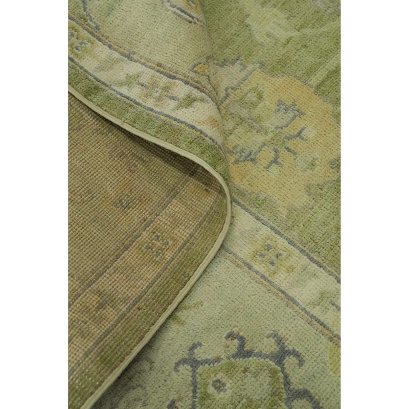 Handmade Green Oushak Vegetable Dye Area Rug, Floral Geometric Carpet - 10' 2'' X 7' 11''