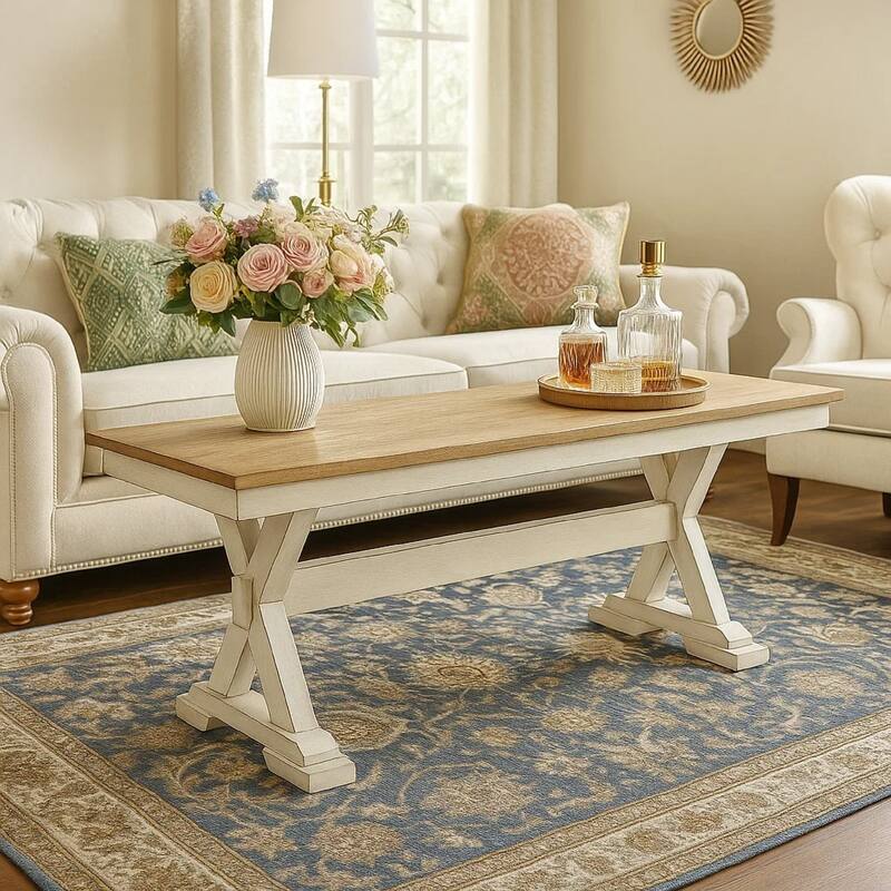 Pury Dining Bench, 48 Inch Light Brown Plank Seat, Antique White Base