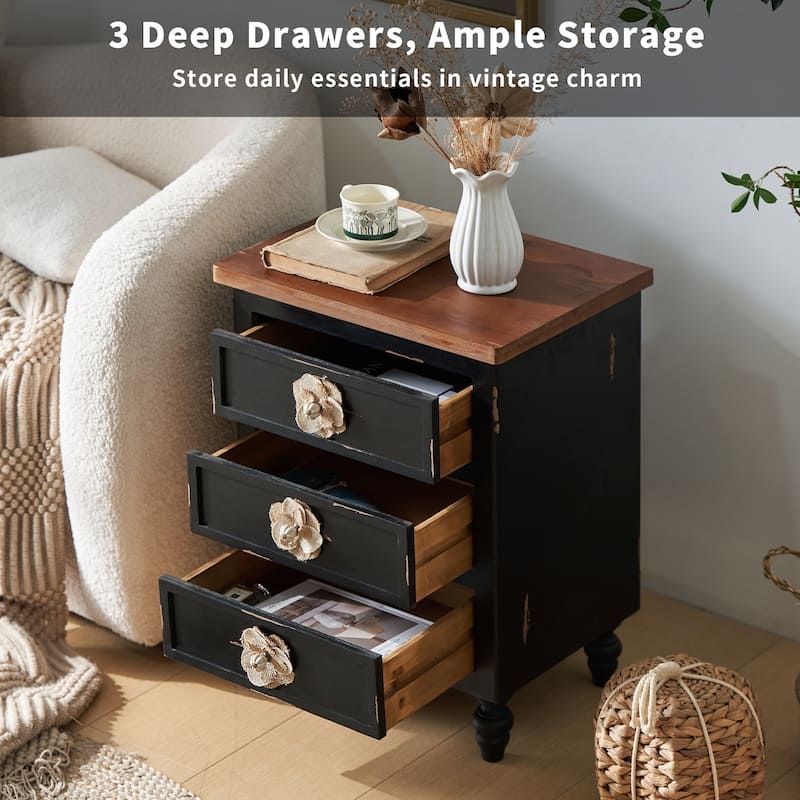 Vintage Farmhouse End Table with Floral Knobs -19"Rustic Nightstand with 3 Drawers Gourd Legs,Bedside or Sofa Accent Table