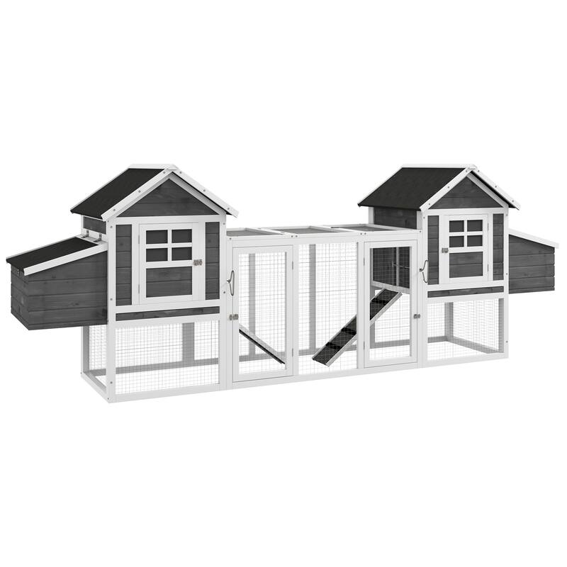 PawHut Dual Wooden Chicken Coop with Garden Bed, Large Outdoor Hen House with Nesting Boxes Removable Trays, Ramps Run - Grey