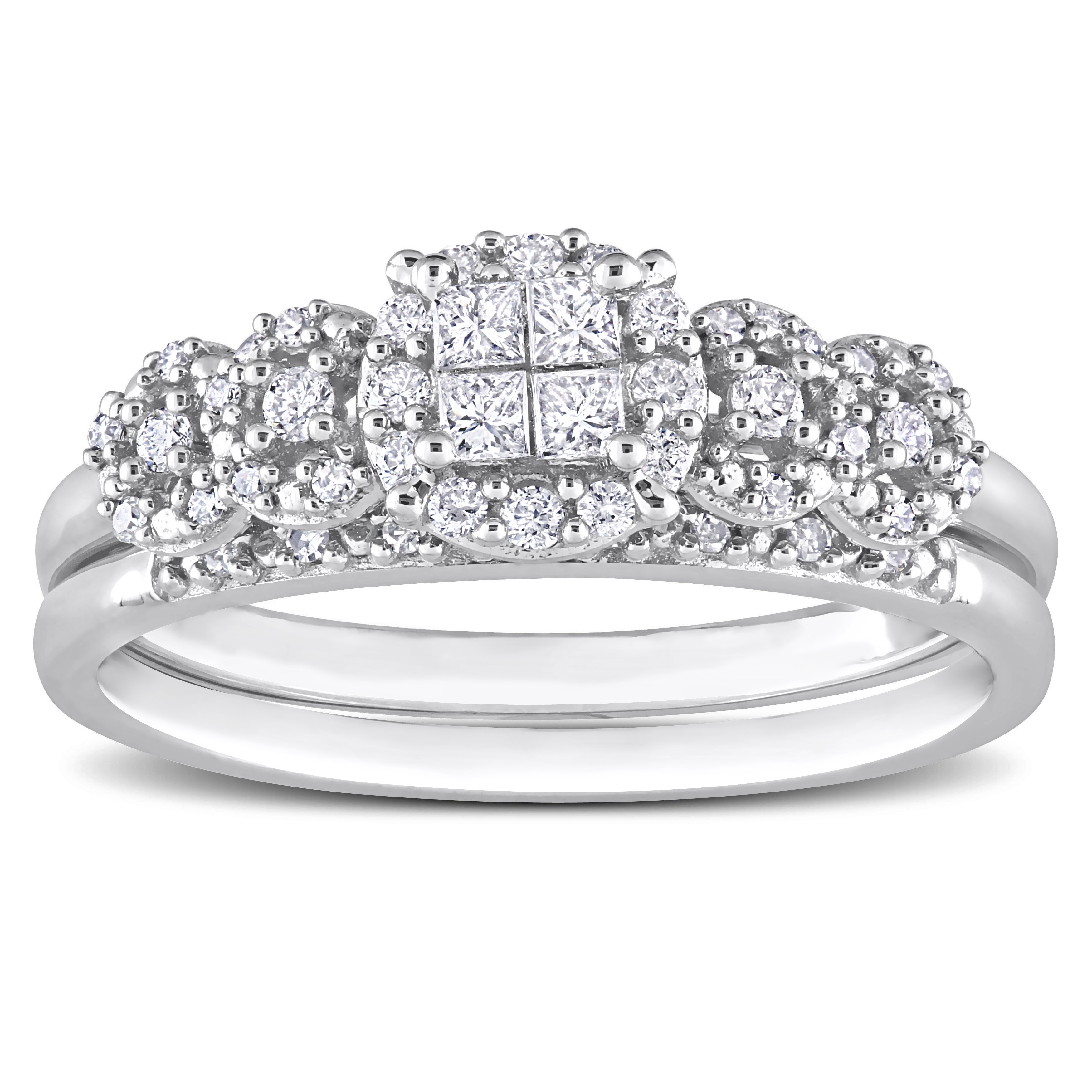 Miadora 10k White Gold 1/3ct TDW Diamond Cluster Bridal Ring Set