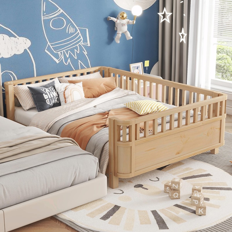 Wood Platform Bed for Kids, Low Profile Wooden Full Bed with Rails