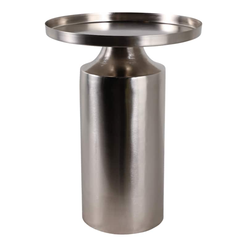 Iron Side Table Cylindrical Base Round Tray Top Narrow - 19" Silver - 14" x 14" x 19.25"