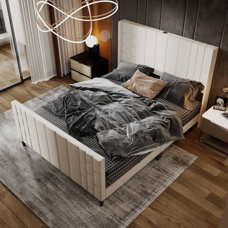 Upholstered Bed Frame with USB Port, Platform Bed with Headboard and Footboard Queen Size