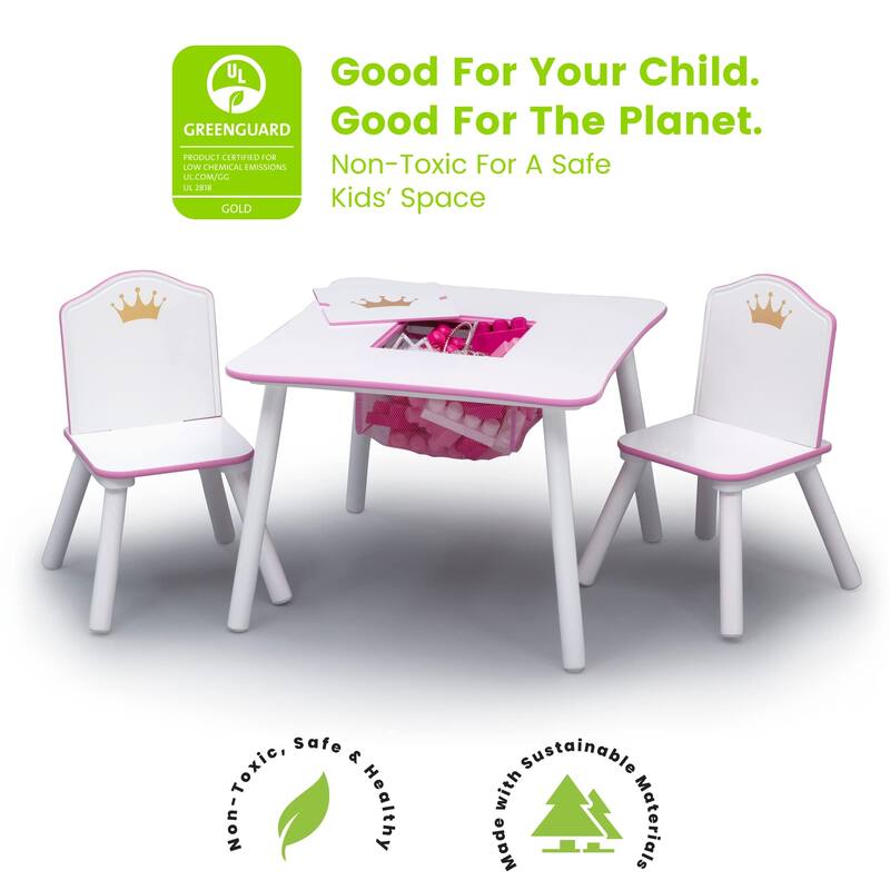 Princess Crown Kids Wood Table and Chair Set with Storage Greenguard