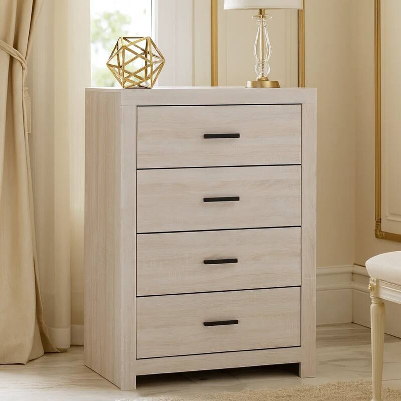 Chest with 5 Drawers and Metal Bar Pulls, White