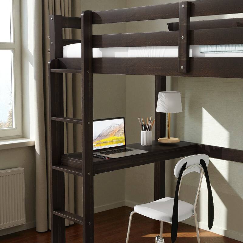Twin Size Wooden High Loft Bed with Built-in Desk and Ladder, Solid Rubber Wood Loft Bed with Safety Guardrails