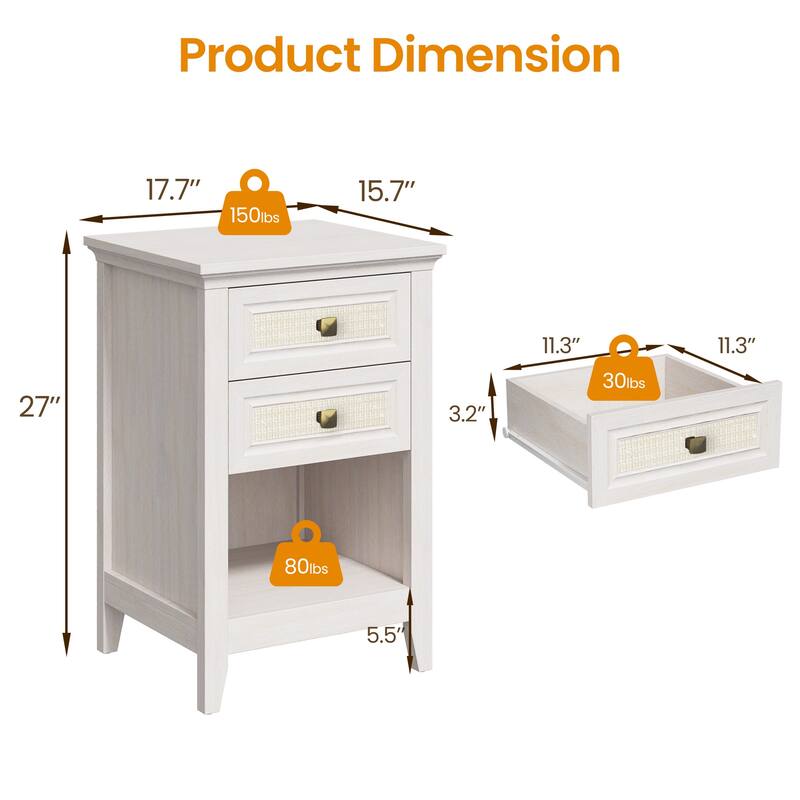 Wood Accent Boho Nightstand with 2 rattan Drawers