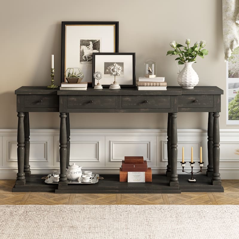 Retro Senior Console Table for Hallway Living Room Bedroom with 4 Front Facing Storage Drawers and 1 Shelf - Antique Black