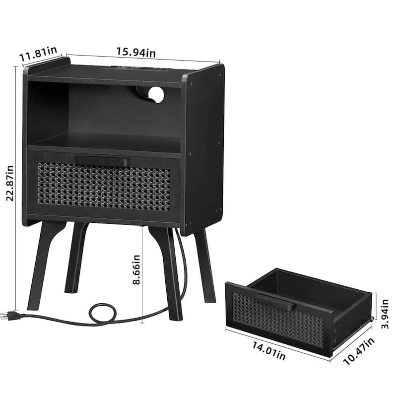 Rattan Nightstand with Charging Station,Side Table with Drawer Open Shelf,Cane Bedside End Table with Solid Wood Legs