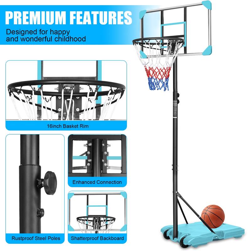 Roomfitters Portable Basketball Goal System with Stable Base and Wheels, Adjustable Height 5.6-7ft for Indoor Outdoor