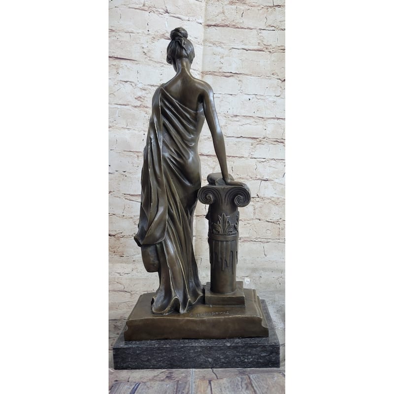 Young Roman Woman Leaning Against Pillar Bronze Figure Statue Sculpture Decor