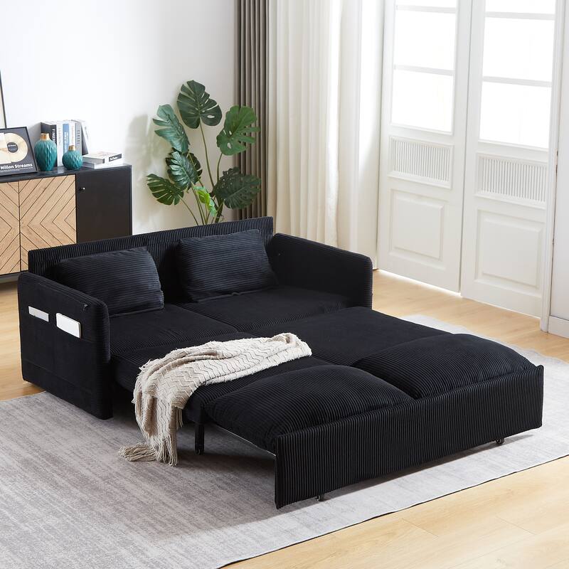 3-in-1 Adjustable Sleeper Sofa Bed Corduroy Loveseat Couch with 2 Back Pillows, Detachable Armrest Pillows and Side Pockets