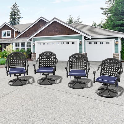 4-Piece Cast Aluminum Patio Swivel Chair Set – Black Frame with Blue Cushions for Outdoor Comfort‌