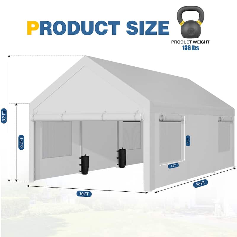Futzca 12x20 ft Carport Canopy, Waterproof Outdoor Shelter with Sandbags