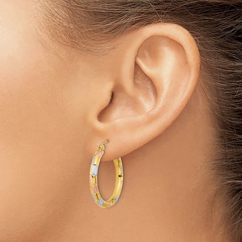 Curata 14k Yellow Gold With White and Rose Rhodium Satin Diamond cut 26x3mm Hoop Earrings