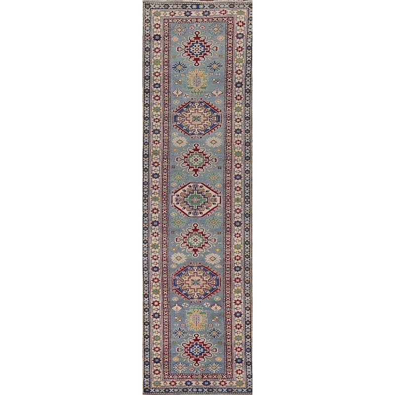 Light Blue Kazak Oriental Runner Rug Handmade Geometric Wool Carpet - 2'7" x 12'7"