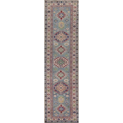 Light Blue Kazak Oriental Runner Rug Handmade Geometric Wool Carpet - 2'7" x 12'7"
