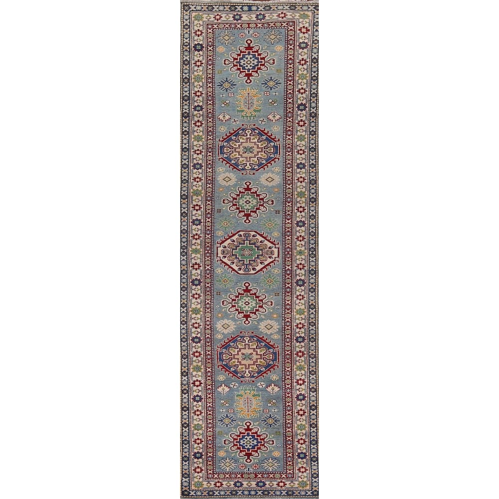 Light Blue Kazak Oriental Runner Rug Handmade Geometric Wool Carpet - 2'7" x 12'7"