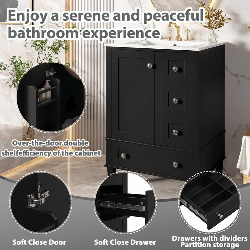 24" Bathroom Vanity with Ceramic Sink, Soft-Close Drawers, Soft-Close Door & Door-Mounted Shelf