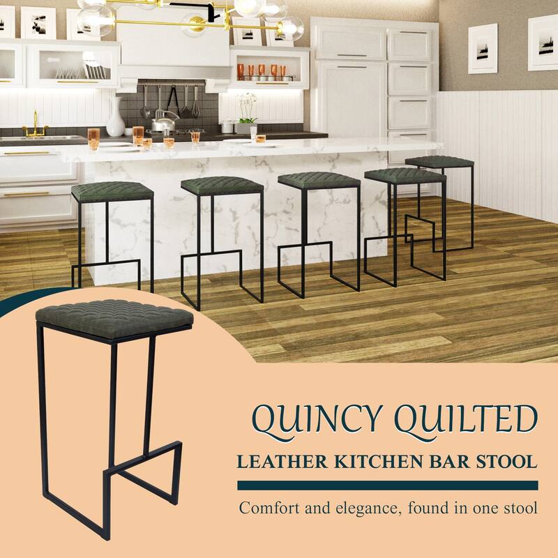 Quincy Leather Counter Barstool – Upholstered Square Seat with Quilted Back, Footrest, and Metal Legs for Kitchen or Dining Area