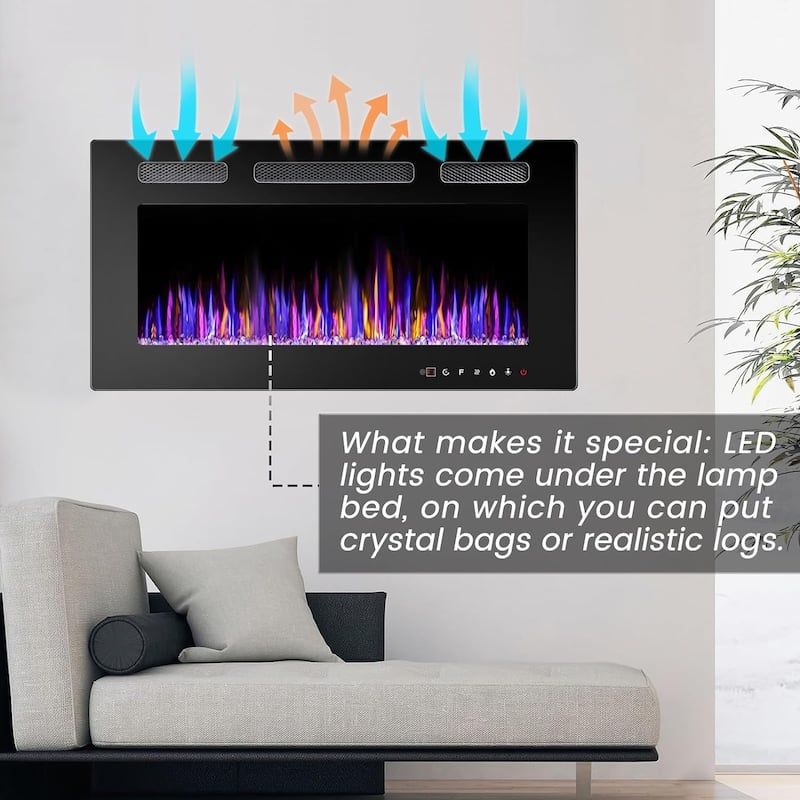 BOSSIN Electric Fireplace Wall Mounted and Recessed with Remote Control, 750/1500W Ultra-Thin Wall Fireplace Heater, Low Noise