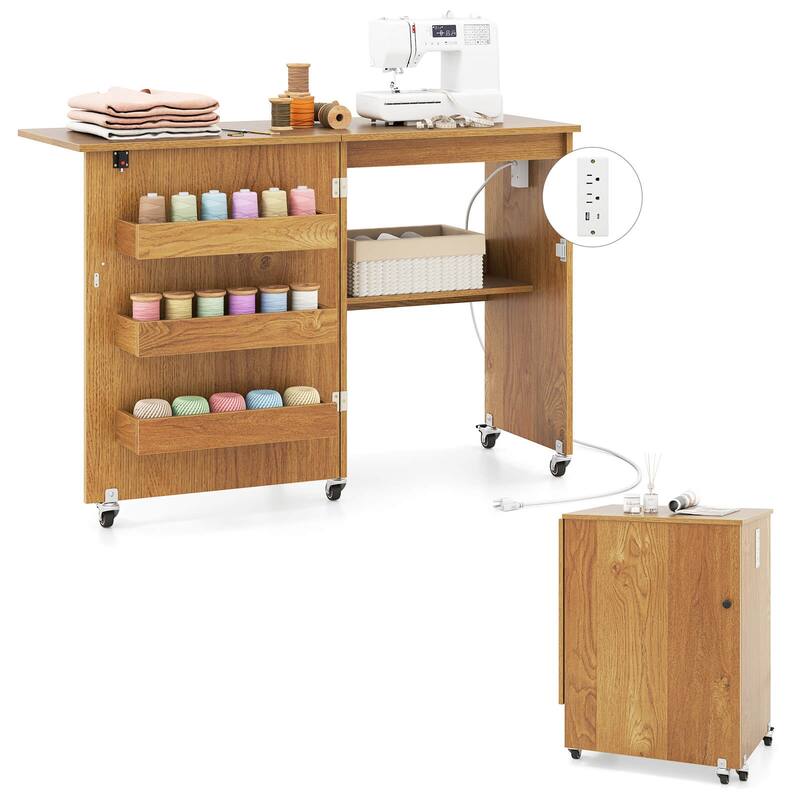 Costway Folding Sewing Machine Table Lockable Casters Rack with 3 - See Details - Natural