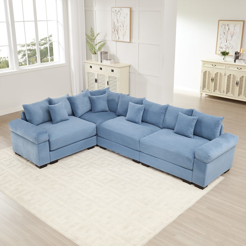 GDFStudio - Corduroy L-Shaped 4-Seater 116.9" Cloud Modular Sectional Couch - Blue