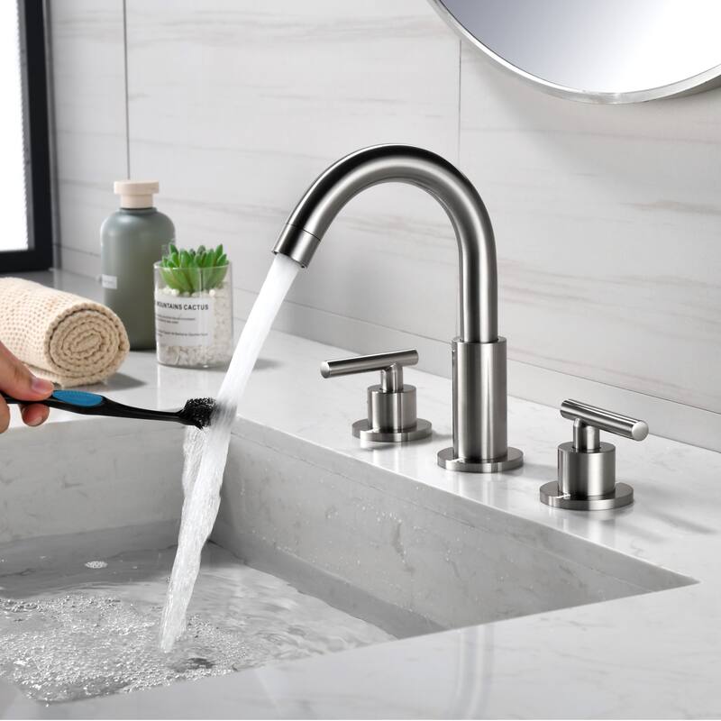 Modland Widespread 3-Hole Bathroom Faucet, 500K Cycle Ceramic Cartridge, 360 Swivel Spout & CEC Certified (Black/Gold/Nickel)