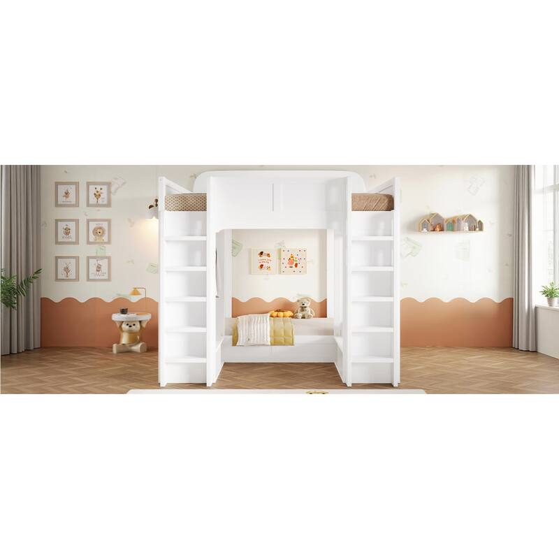 Roomfitters Triple Bunk Bed with Twin, Twin and Twin XL Beds, Storage Shelves and Hooks