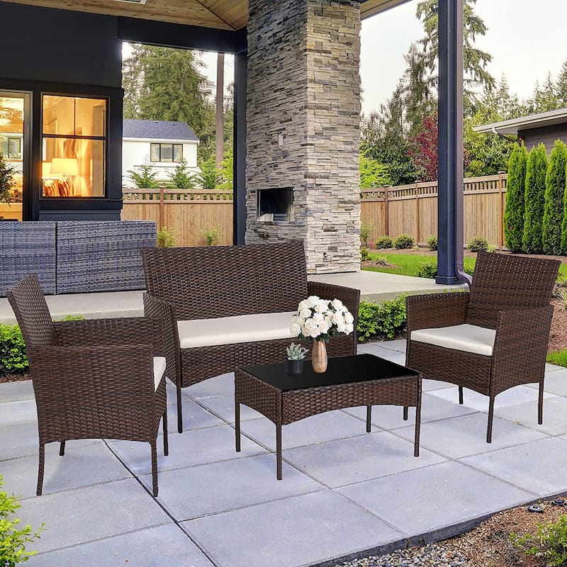 Futzca 4 Pieces Outdoor Patio Furniture Sets Rattan Chair Wicker Set - Brown